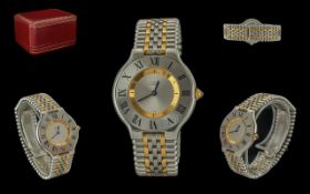 Mus-De-Cartier Ladies 18ct Gold and Steel Quartz Wrist Watch. Features 18ct Gold Links to Bracelet /