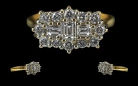 Ladies Pleasing Quality 18ct Gold Baguette and Brilliant Cut Diamond Set Cluster Ring, Full Hallmark