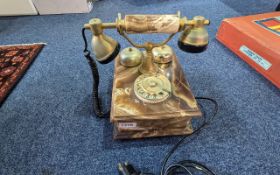 Vintage American Marble Telephone, marble base with cradle for handset, and twin brass ringers.