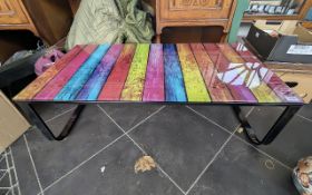 Glass Topped Black Metal Framed Coffee Table, multicoloured glass striped top.