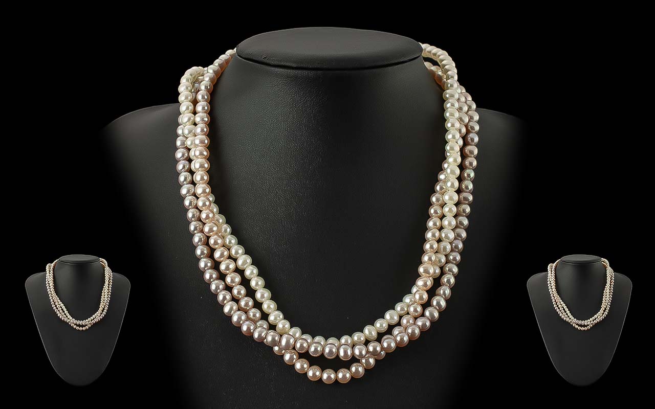 Three Strand Pearl Necklace with 9ct Gold Clasp, pearls of three shades, white,