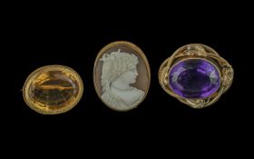 A Fine Collection Of Antique 9ct Gold Gem Set Brooches - One Set With A Large Faceted Amethyst,