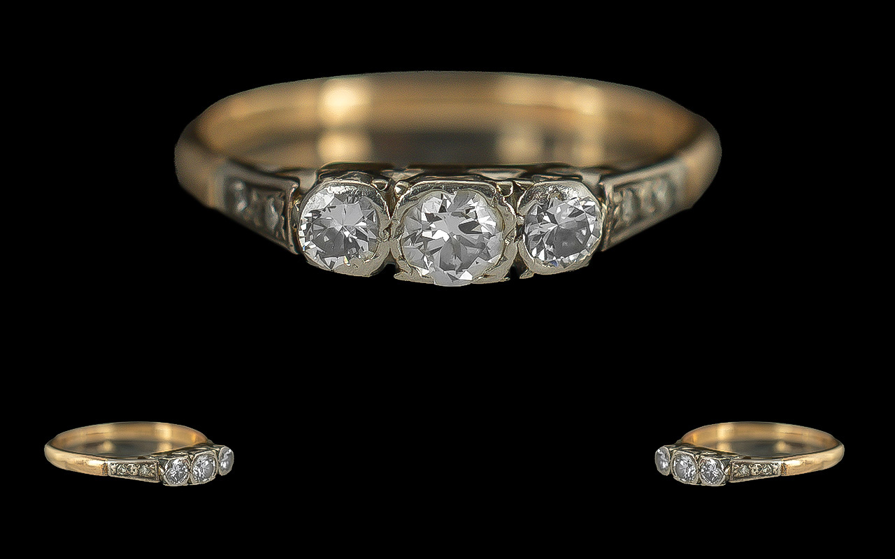 Ladies 18ct Gold 3 Stone Diamond Set Ring, Marked 18ct to Interior of Shank.