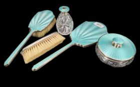 Ladies Silver and Enamel Dressing Table Set. ( 5 ) Pieces In Total. Lovely Strong Turquoise Blue