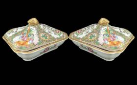 Pair of Canton Famille Rose Serving Dishes, circa 1900, one chipped. Measure 9.5'' x 8'' x 5''.
