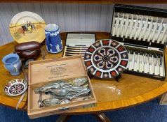 Box of Miscellaneous, to include Crown Derby 1128 pin dish and side plate, Art Deco butter knives,