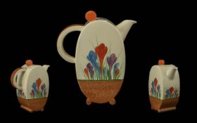 Clarice Cliff Hand Painted Lidded Teapot ' Crocus ' Design. c.1929. Bonjour Shape, Height 8 Inches -