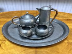 Tuderic Pewter Large Tray, together with English pewter tea pot, sugar bowl and milk jug.