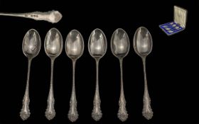 Edwardian Period 1901-1910, boxed set of six sterling silver teaspoons. Hallmark Chester 1908. All