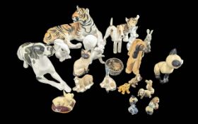 Box of Pottery & Porcelain, including Russian Tiger 7'' x 12'' approx., and Tiger Cub, Russian