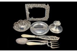 Box of Silver Items, Includes Oriental Photo Frame, Silver Dish of Circular Form, Silver Inkwell,
