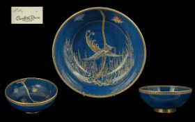 Carlton Ware Hand Painted 1930's Lustre Footed Bowl, Bird of Paradise Pattern, Blue Ground with