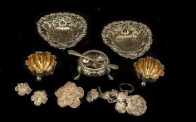 Small Collection of Silver Items, including a pair of heart shaped small dishes circa 1897, a pair