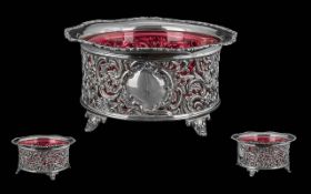 Victorian Period Sterling Silver Open Worked Bowl with Cranberry Glass Inset, Raised on Four
