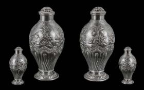 Chinese Export Signed Pair of Silver Pepperettes of Solid Construction of Bulbous Form, Decoration