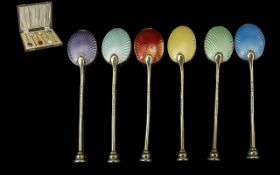 Elizabeth II Boxed Set of Six Harlequin Sterling Silver and Guilloche Enamel Teaspoons. Hallmarks