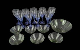 Collection of Quality Glass, comprising nine cobalt blue stemmed wine glasses, a Swedish set of pale