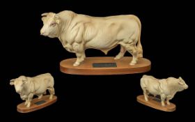 Beswick Hand Painted Large Bull Figure - Connoisseur Cattle ' Charolais Bull ' on Wooden Plinth,