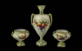Royal Worcester Garniture Set Of Vases, Central Twin Handled Vase Together With Two Urn Shaped