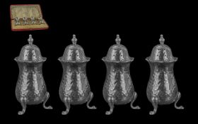 Edwardian Period Superb Quality Planished Sterling Silver Set of Four Pepperettes, hallmarked