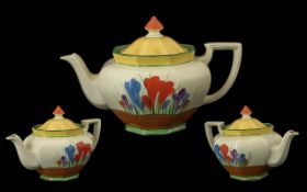 Clarice Cliff Art Deco Period Hand Painted Large Teapot ' Crocus ' Design on Cream Ground. c.1929.