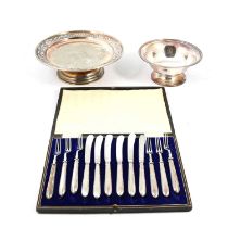 Cased flatware to include a set of silver handled knives, other plated ware, xyonite handled knives.