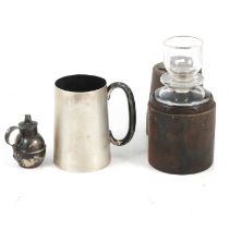 Silver tankard, white metal cream jug and a travelling decanter,