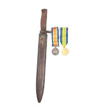 Medals - a WW1 pair, a WW2 group of four, bayonet and scabbard, and ephemera.