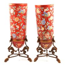 Pair of Moser style red glass and enamelled vases,