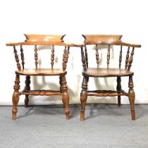 Two Victorian elm and beech elbow chairs, branded,