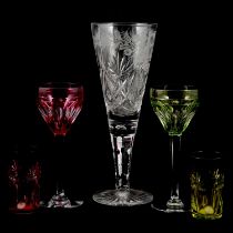 Val St Lambert - set of six coloured wine glasses, and other glasses.