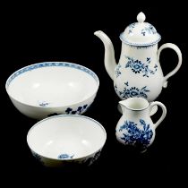 First Period Worcester jug, two bowls and a pearlware coffee pot,