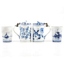 Pair of Meissen lidded tankards and a pair of Delft beakers,