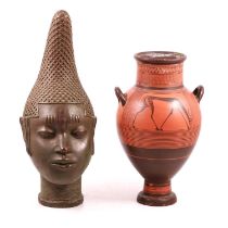 British Museum replica of a Benin head, and a Greek terracotta vase,