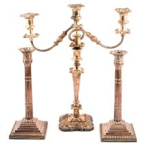 Pair of electroplated candlesticks and a candelabra