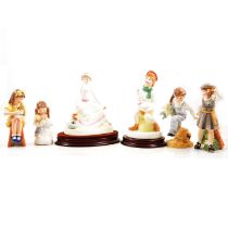 Six Royal Worcester Katie's Day figurines and six Royal Doulton Nursery Rhymes Collection figurines.