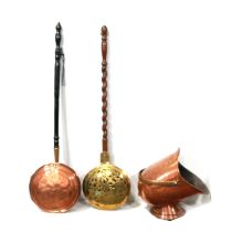 Copper helmet coal scuttle and two warming pans,