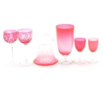 Cranberry vase, coloured glasses and two etched glass shades.