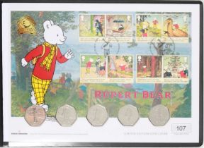 Folder of mostly British banknotes, Brexit silver coin, Rupert Bear coins, other coins and stamps.