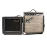 Vox Mini 3 amplifier and a Fender PR357 Squier Sidekick amplifier.