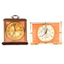 Two mantel clocks, modern barometer, and two prints
