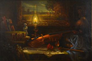 Anthony Payton, Still life of a violin, oil lamp, books, flowers and painting,