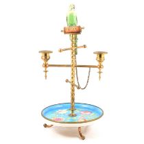 Continental brass and porcelain two light candelabra,