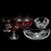 Val St Lambert - pair of salts, dish, ashtrays, Lalique scent bottle and other glasswares.
