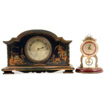 A French chinoiserie style clock in blue depicting figures and landscapes, Schatz dome clock.