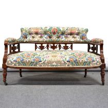 Victorian walnut settee, harp back, carved, turned legs, length 138cm, height 76cm. Qty: 1 Condition