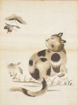 Four Chinese silk panels, birds, peonies a cat, etc