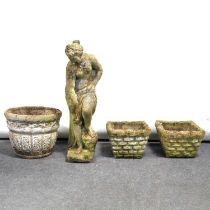 Garden sculpture of a bather, a small jardiniere, and pair of planters