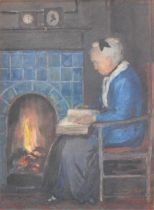F M Button, Old woman by fireplace.