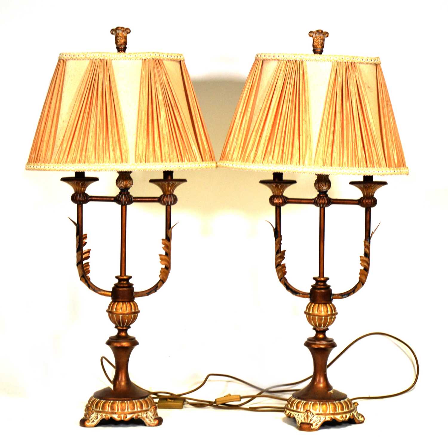 Pair of brass and composition table lamps,